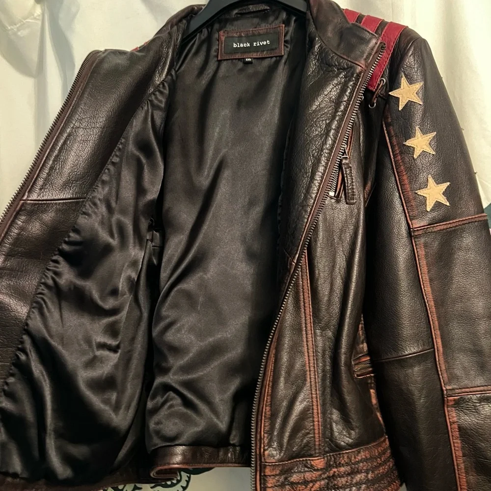 Black Rivet Dark Brown Jacket with Red and White Stars - Picture 3 of 11